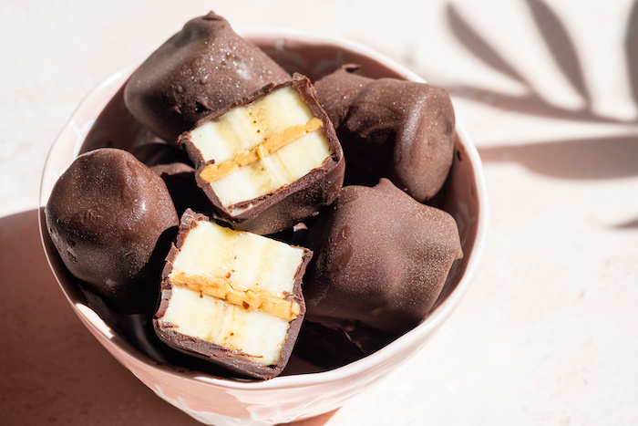 Dark-chocolate covered peanut butter banana bites. 