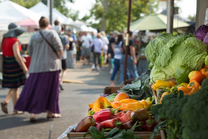 A closeup shot of a farmers market. 