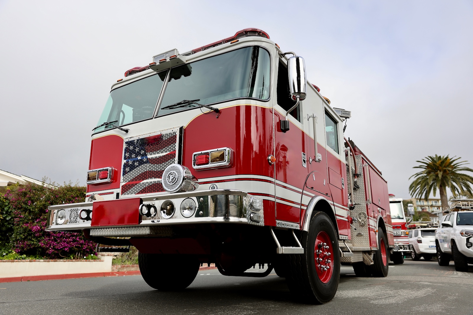 Red fire truck in California fire station.