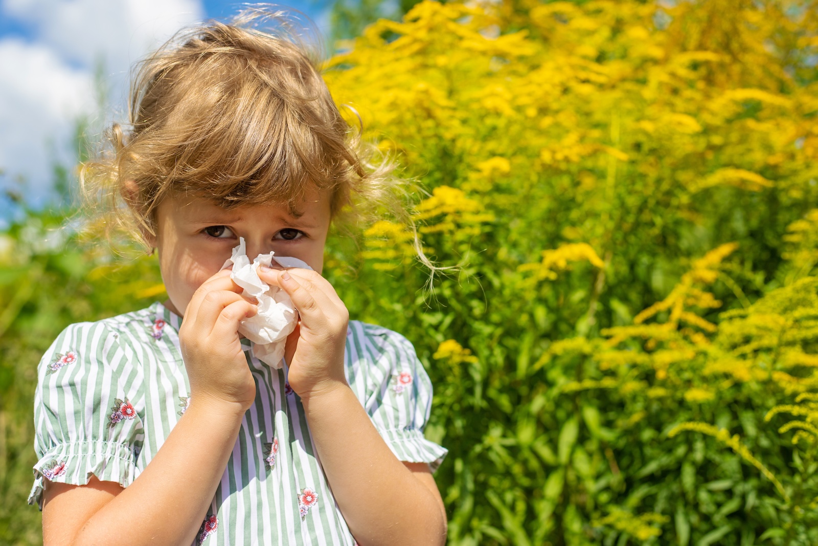 Young child blowing his nose standing in front of a green field.