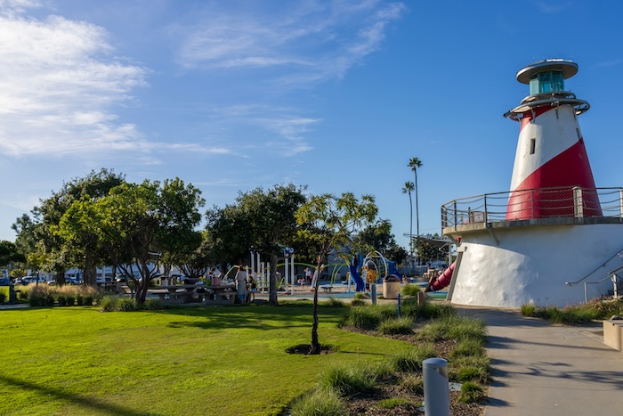 A lighthouse at a playground at Marina Park in Newport Beach California USA