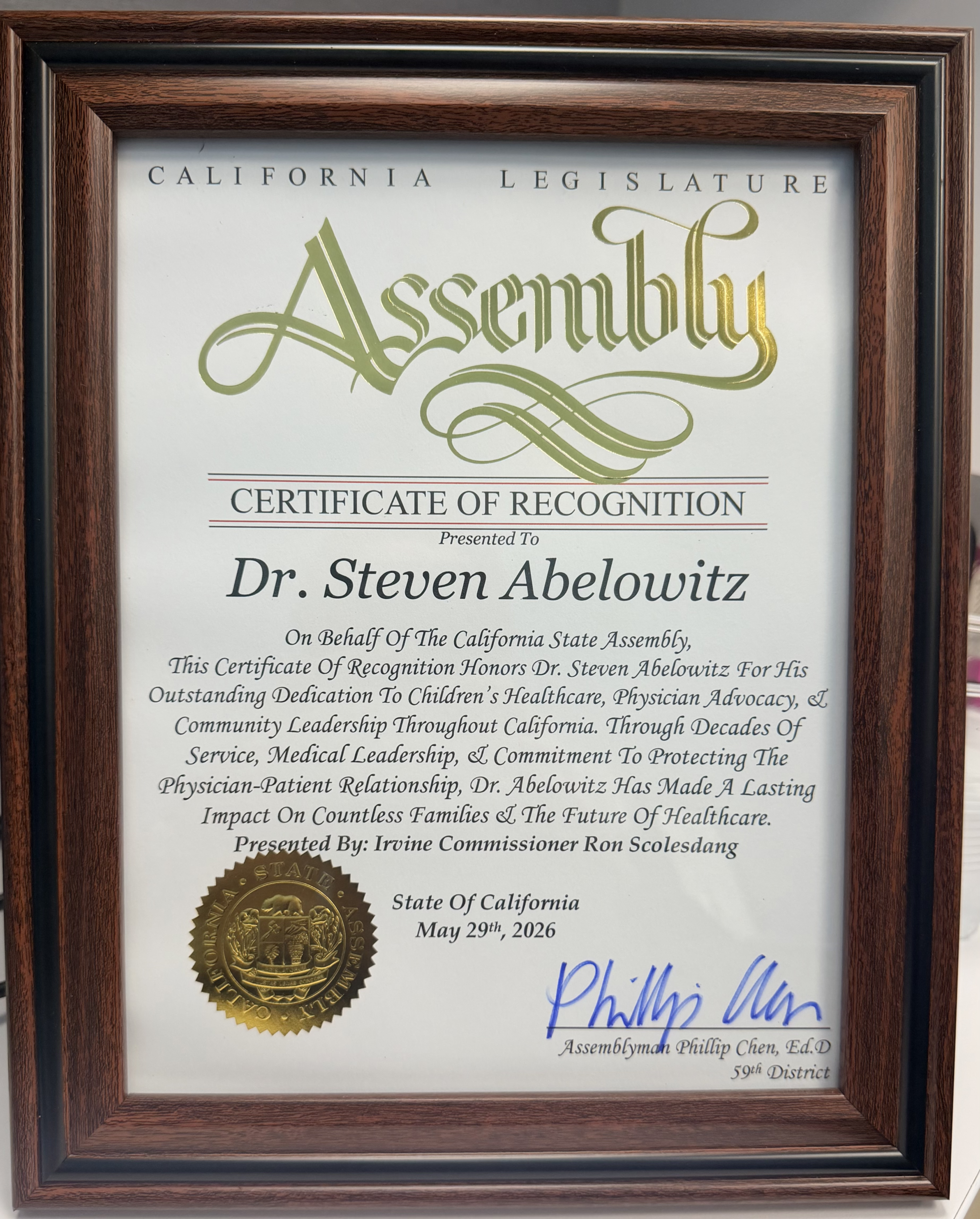 A Certificate of Recognition by the California State Assembly for Dr. Steven Abelowitz.